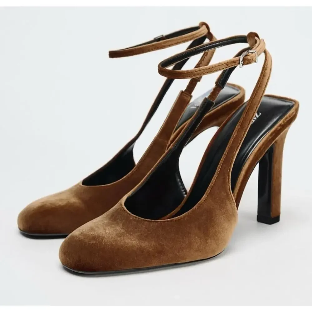 Zara NWT Brown Ocher Velvet Ankle Strap Rounded Toe High Heel Pumps 8 - Picture 15 of 16